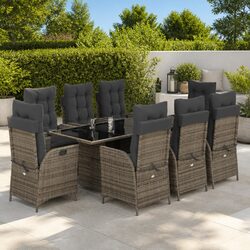 Garden Dining Set 9 Piece Grey Poly Rattan Outdoor Furniture Patio with Cushions