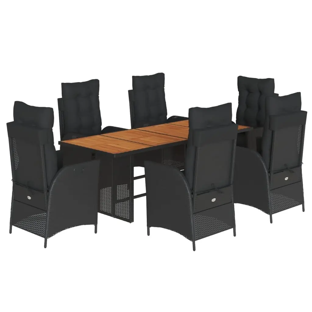 7 Piece Garden Dining Set Black Poly Rattan Cushions Adjustable Backrest Acacia Wood Table