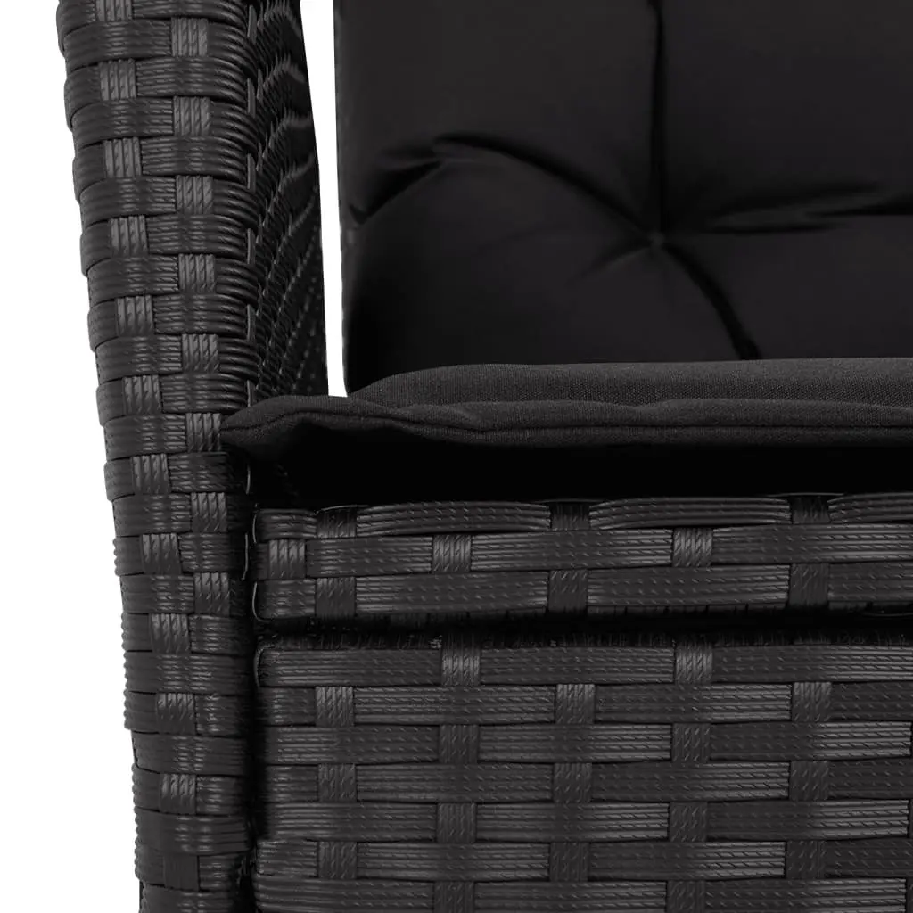 7 Piece Garden Dining Set Black Poly Rattan Cushions Adjustable Backrest Acacia Wood Table
