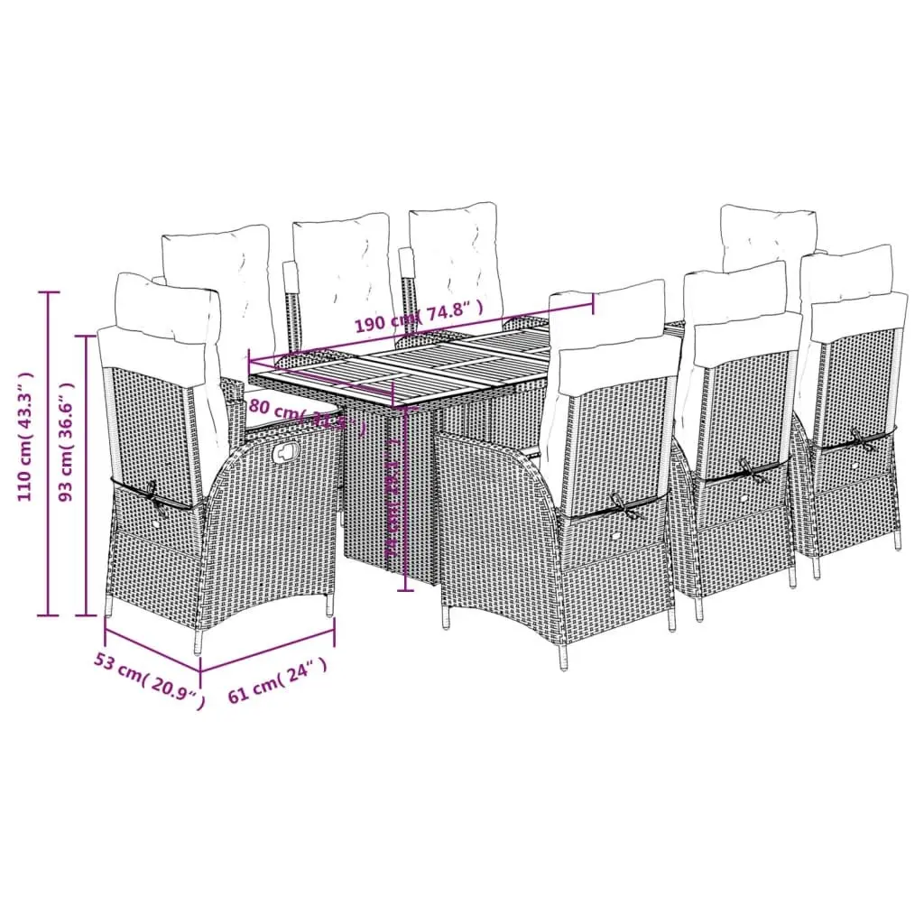 9 Piece Outdoor Dining Set with Cushions Black Poly Rattan Garden Patio