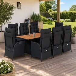 Garden Dining Set 9 Piece Outdoor Furniture Black Poly Rattan with Cushions