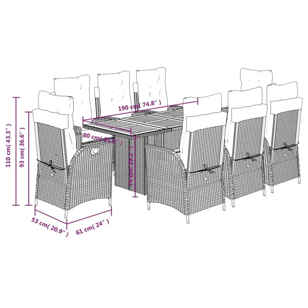 Garden Dining Set 9 Piece Outdoor Furniture Black Poly Rattan with Cushions