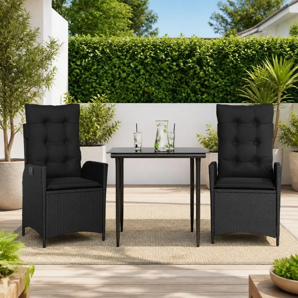 Garden Dining Set Black 3 Piece Outdoor Furniture PE Rattan Cushions