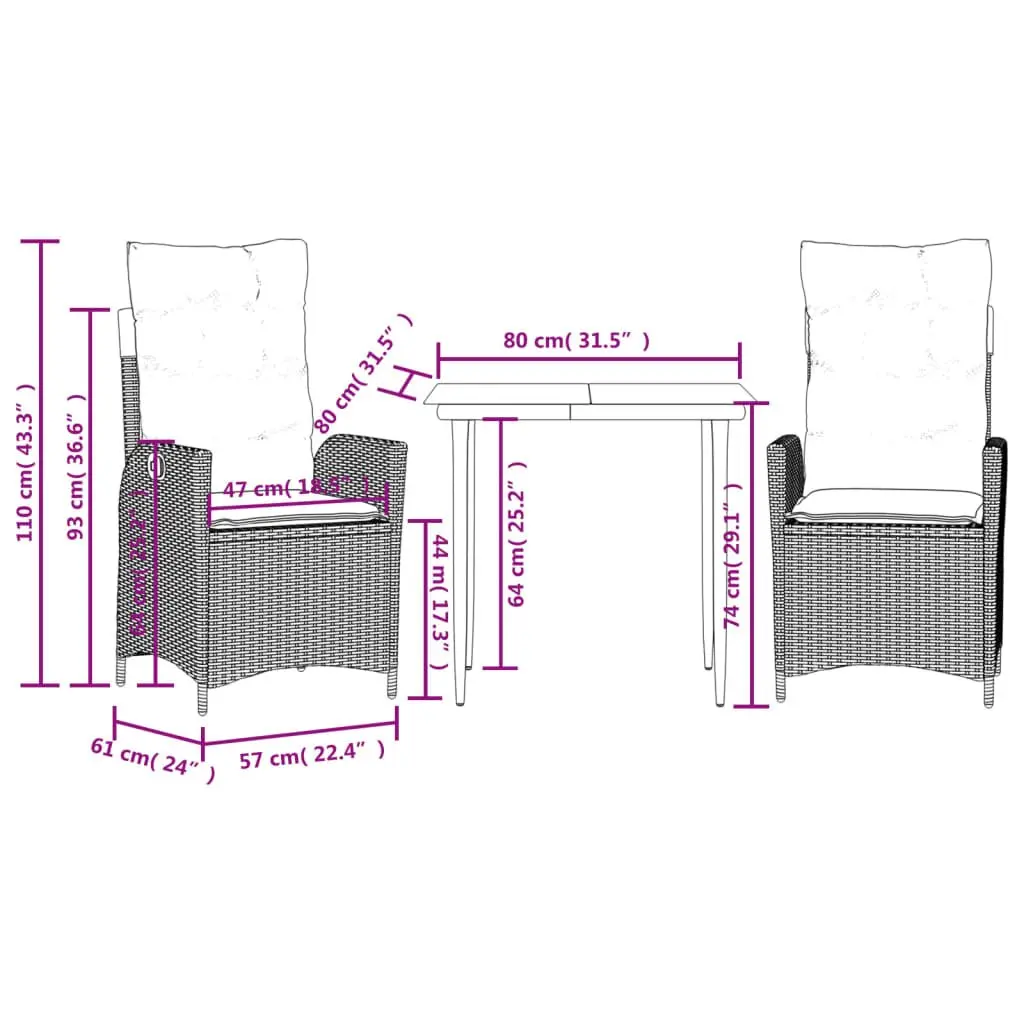 Garden Dining Set Black 3 Piece Outdoor Furniture PE Rattan Cushions