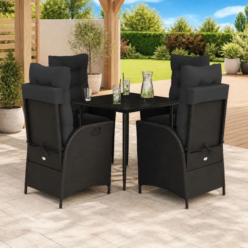 5 Piece Garden Dining Set Black PE Rattan with Cushions Adjustable Backrest Tempered Glass Tabletop