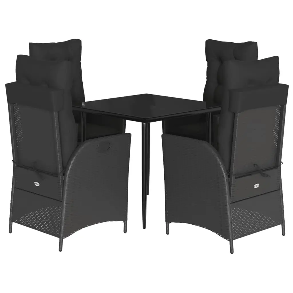 5 Piece Garden Dining Set Black PE Rattan with Cushions Adjustable Backrest Tempered Glass Tabletop