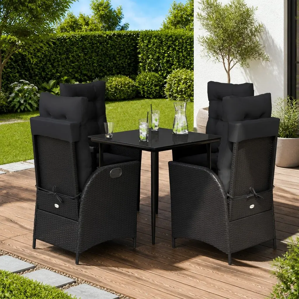 5 Piece Black Outdoor Dining Set with Cushions Poly Rattan Garden Furniture Adjustable Backrest Tempered Glass Top