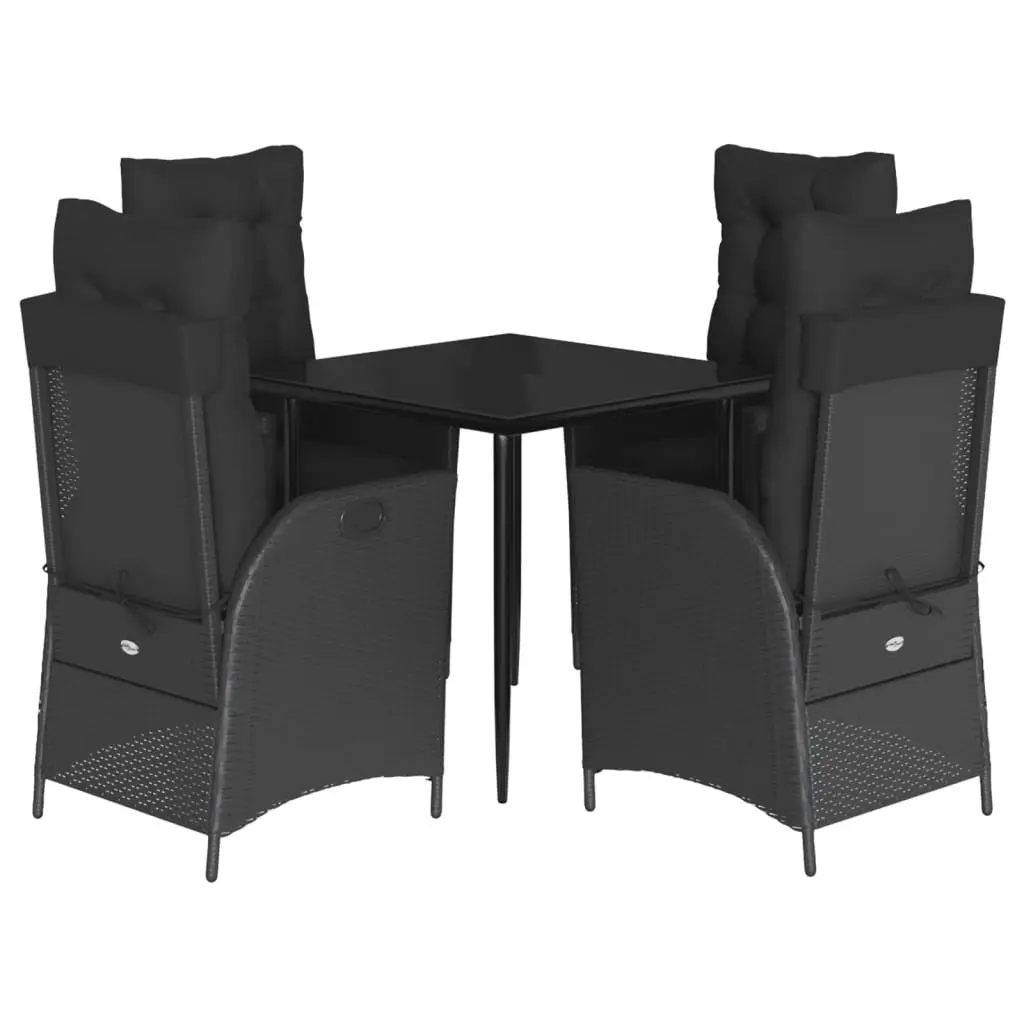 5 Piece Black Outdoor Dining Set with Cushions Poly Rattan Garden Furniture Adjustable Backrest Tempered Glass Top
