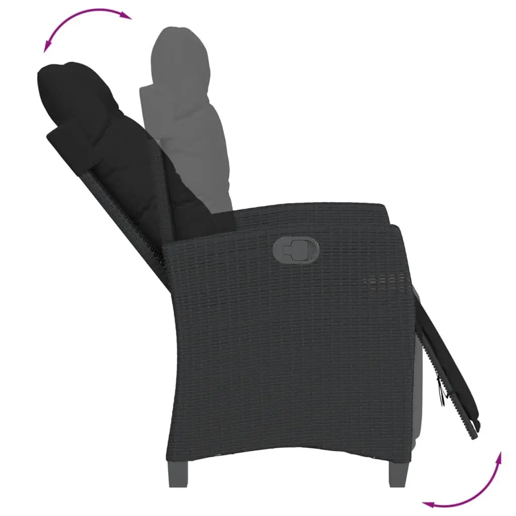 5 Piece Black Outdoor Dining Set with Cushions Poly Rattan Garden Furniture Adjustable Backrest Tempered Glass Top