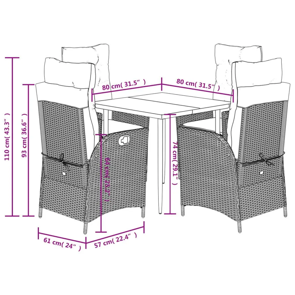 5 Piece Black Outdoor Dining Set with Cushions Poly Rattan Garden Furniture Adjustable Backrest Tempered Glass Top
