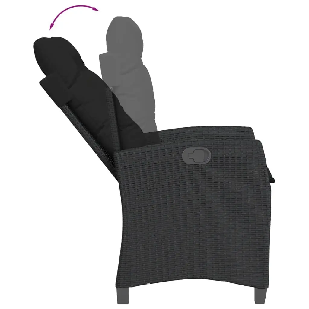 5 Piece Black Outdoor Dining Set with Cushions Poly Rattan Garden Furniture Adjustable Backrest Tempered Glass Top