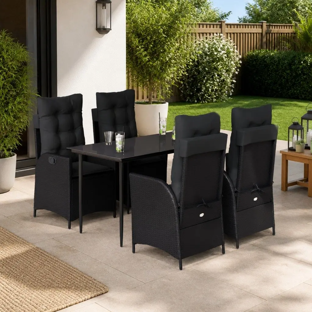 5 Piece Garden Dining Set Black Poly Rattan Adjustable Backrest Tempered Glass Table