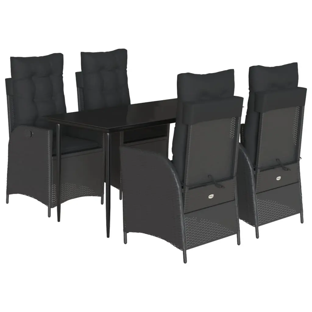 5 Piece Garden Dining Set Black Poly Rattan Adjustable Backrest Tempered Glass Table