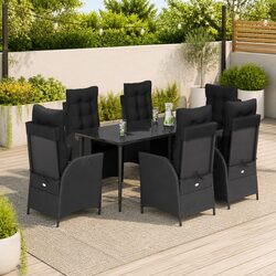 Outdoor Garden Dining Set 7 Piece Black Poly Rattan Furniture with Cushions