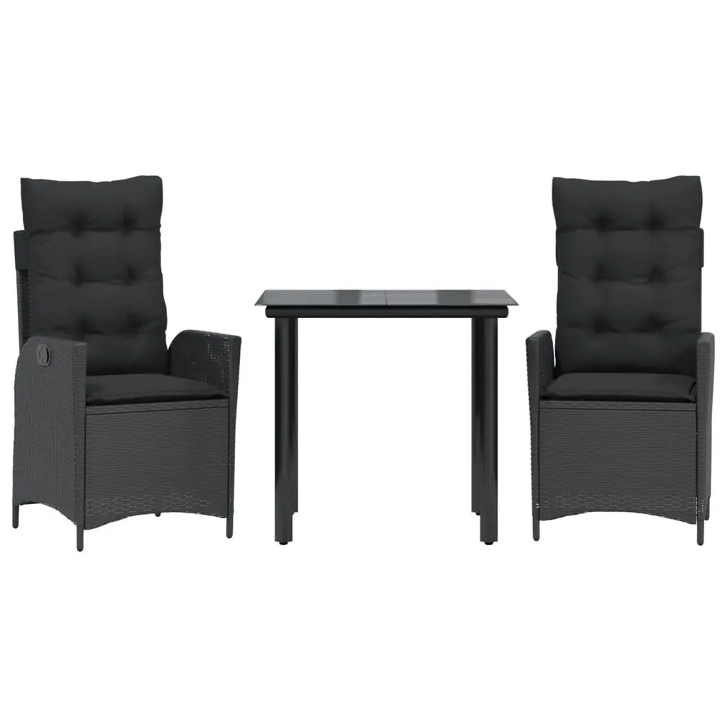 3 Piece Outdoor Dining Set Black Poly Rattan Table Chairs Adjustable Backrest