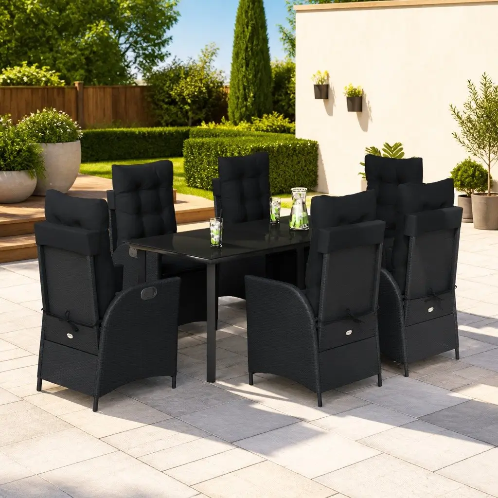 7 Piece Black Poly Rattan Garden Dining Set with Adjustable Backrest Cushions and Tempered Glass Table for Outdoor Use