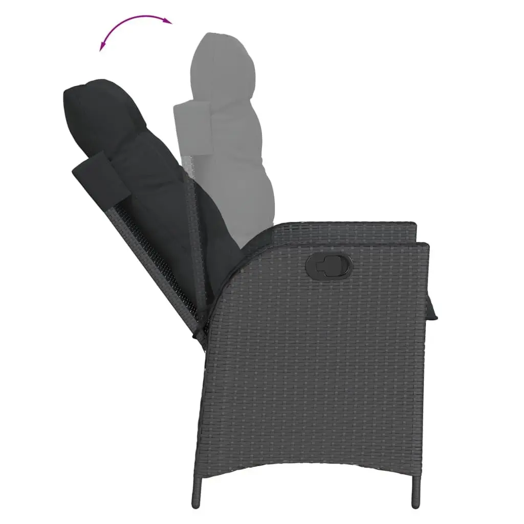 7 Piece Black Poly Rattan Garden Dining Set with Adjustable Backrest Cushions and Tempered Glass Table for Outdoor Use