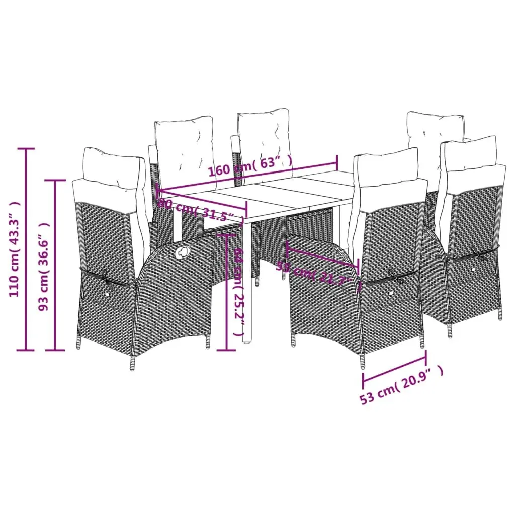 7 Piece Black Poly Rattan Garden Dining Set with Adjustable Backrest Cushions and Tempered Glass Table for Outdoor Use