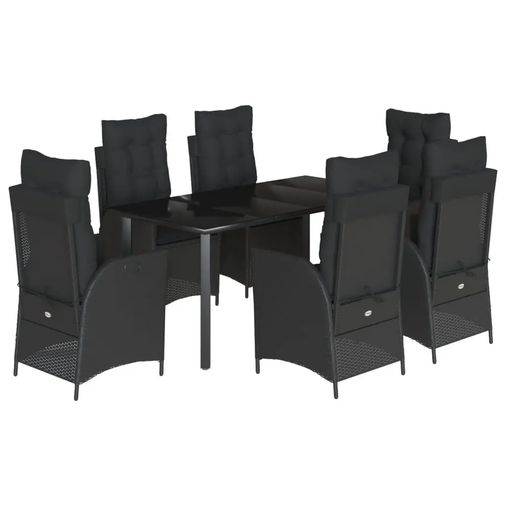 7 Piece Outdoor Dining Set Black Poly Rattan Cushions Tempered Glass Table