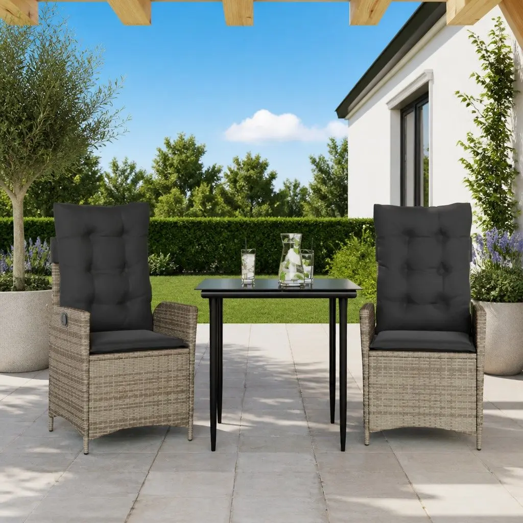 Garden Dining Set Grey 3 Piece Poly Rattan Outdoor Furniture with Cushions