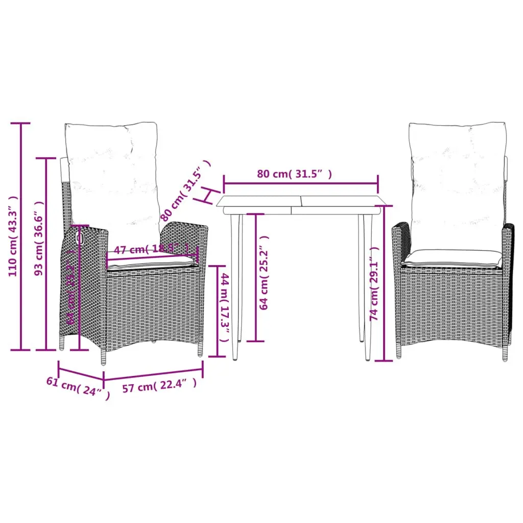 Garden Dining Set Grey 3 Piece Poly Rattan Outdoor Furniture with Cushions