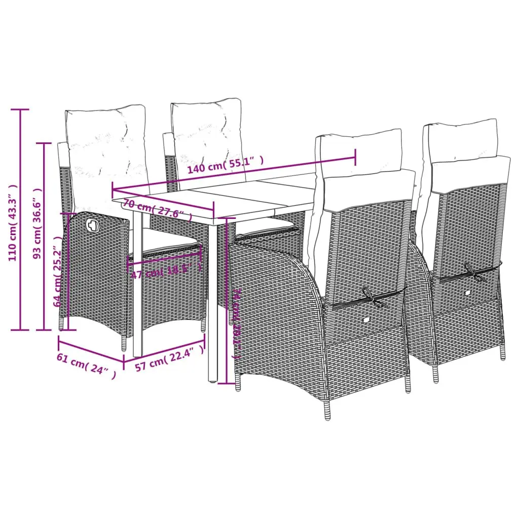 Garden Dining Set Grey 5 Piece Outdoor Furniture Adjustable Backrest Padded Cushions