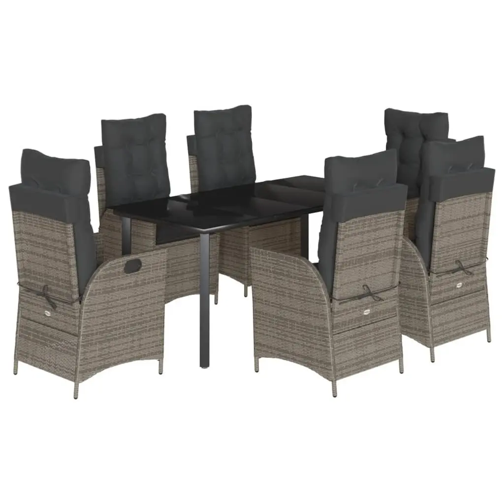 7 Piece Garden Dining Set Grey Poly Rattan with Cushions Adjustable Backrests and Tempered Glass Tabletop