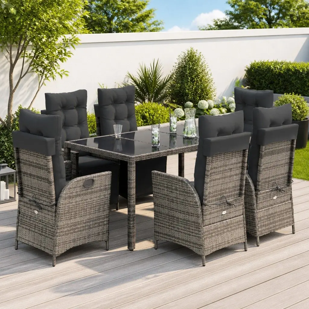 7 Piece Garden Dining Set Grey Poly Rattan Chair Table Adjustable Backrest Footrest