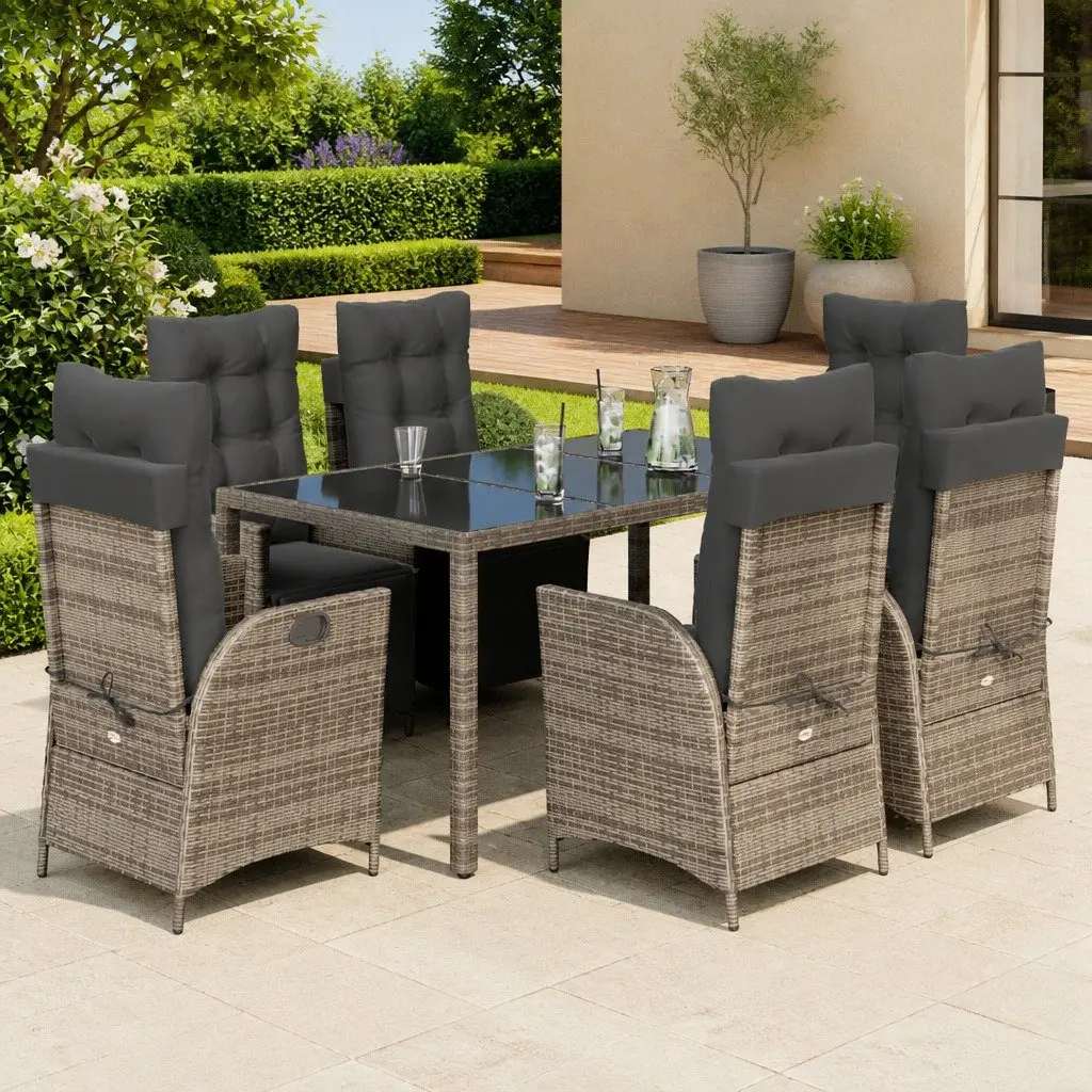 Garden Dining Set 7 Piece Outdoor Furniture with Cushions Grey Poly Rattan