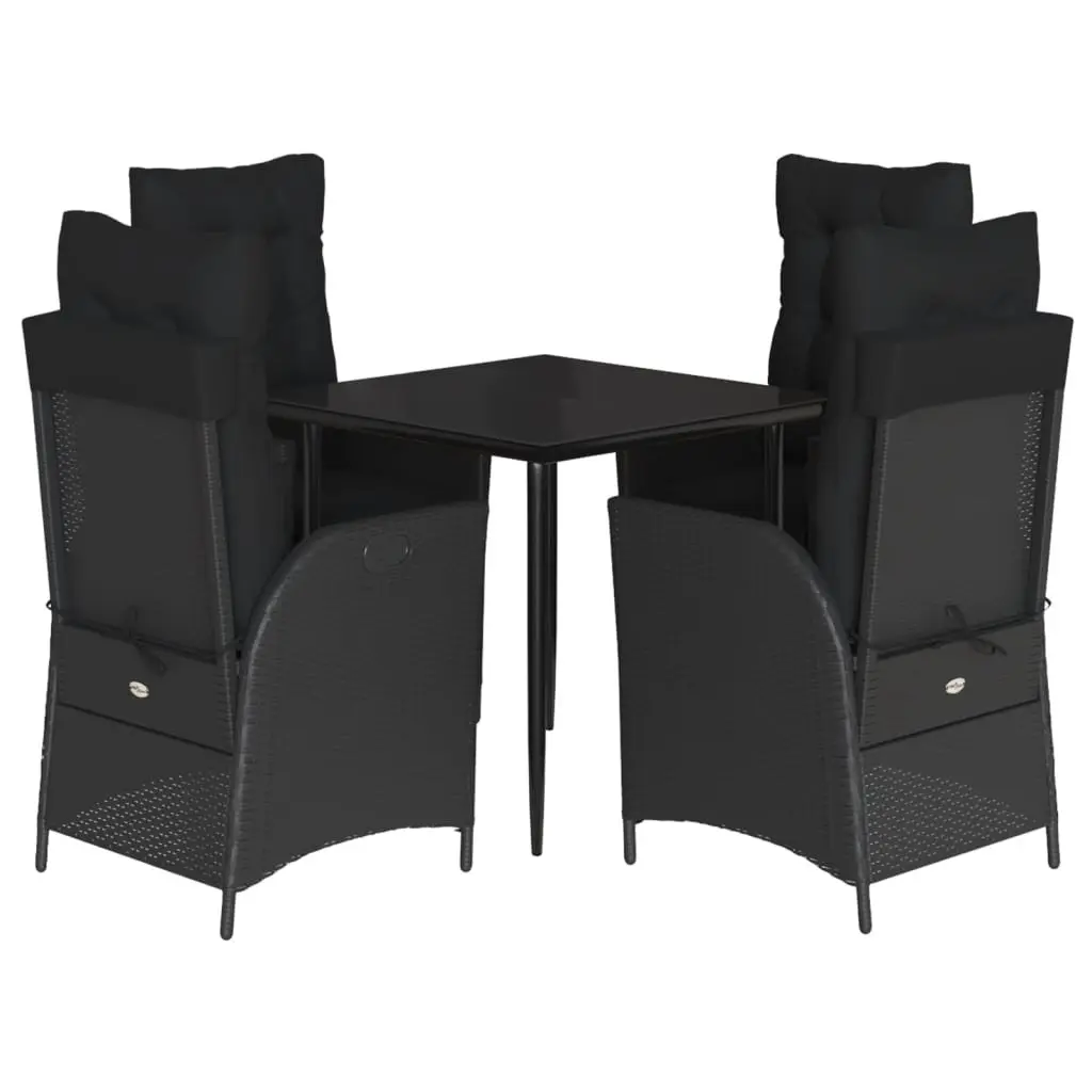 Outdoor Dining Set Black 5 Piece Adjustable Seating Tempered Glass Table Poly Rattan Furniture
