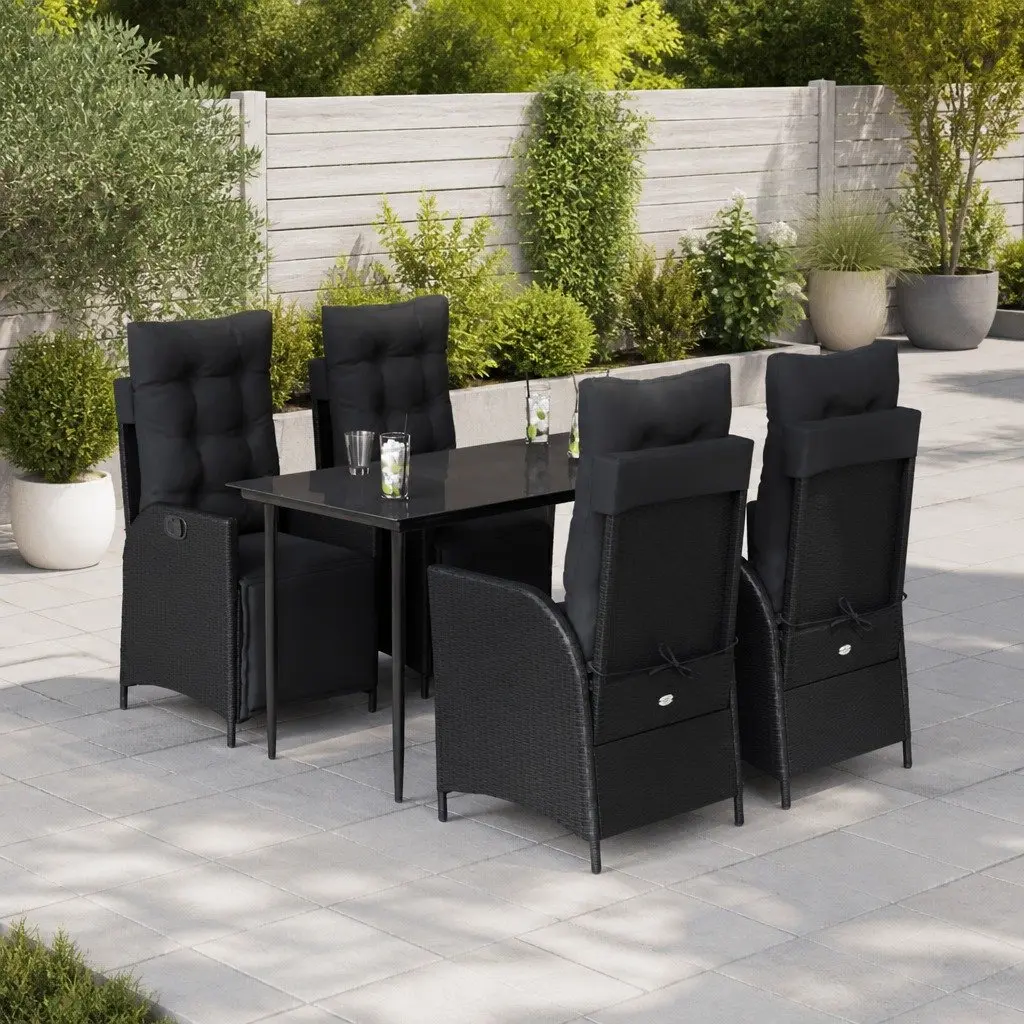Outdoor Garden Dining Set Black 5 Piece PE Rattan Adjustable Backrest Cushions Tempered Glass Table