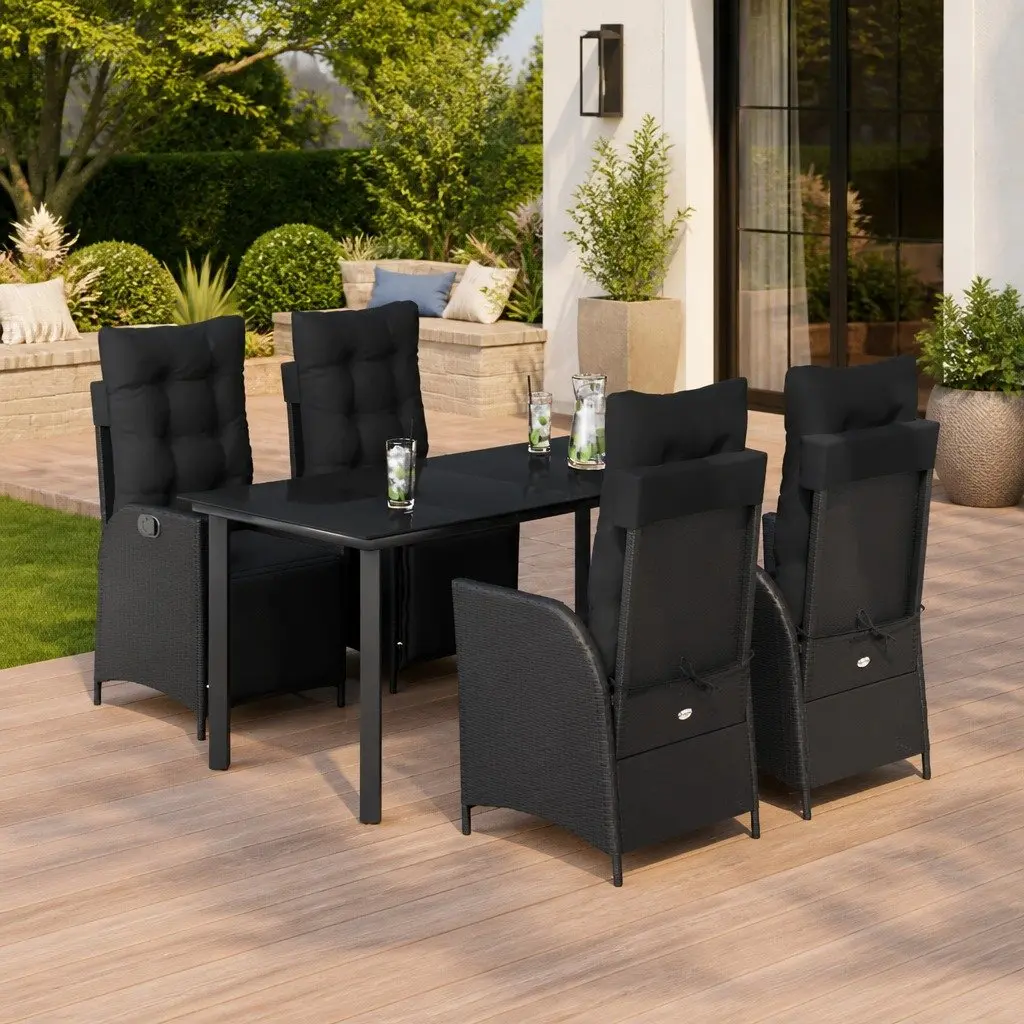 Garden Dining Set 5 Piece Outdoor Furniture with Cushions Black Poly Rattan