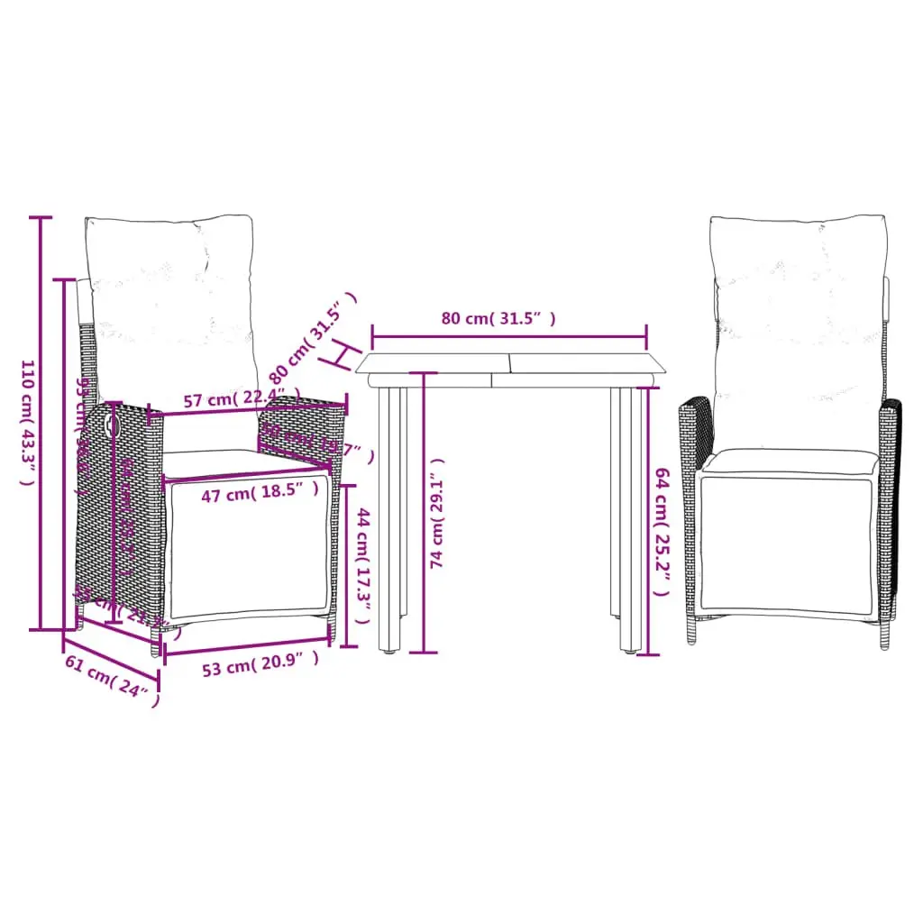 Outdoor Garden Dining Set Grey 3 Piece PE Poly Rattan Furniture with Tempered Glass Table and Cushioned Seating