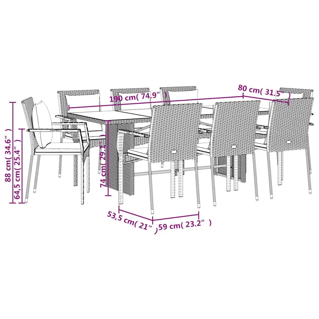 Outdoor Dining Set 9 Piece Garden Furniture Table Chairs Black Poly Rattan