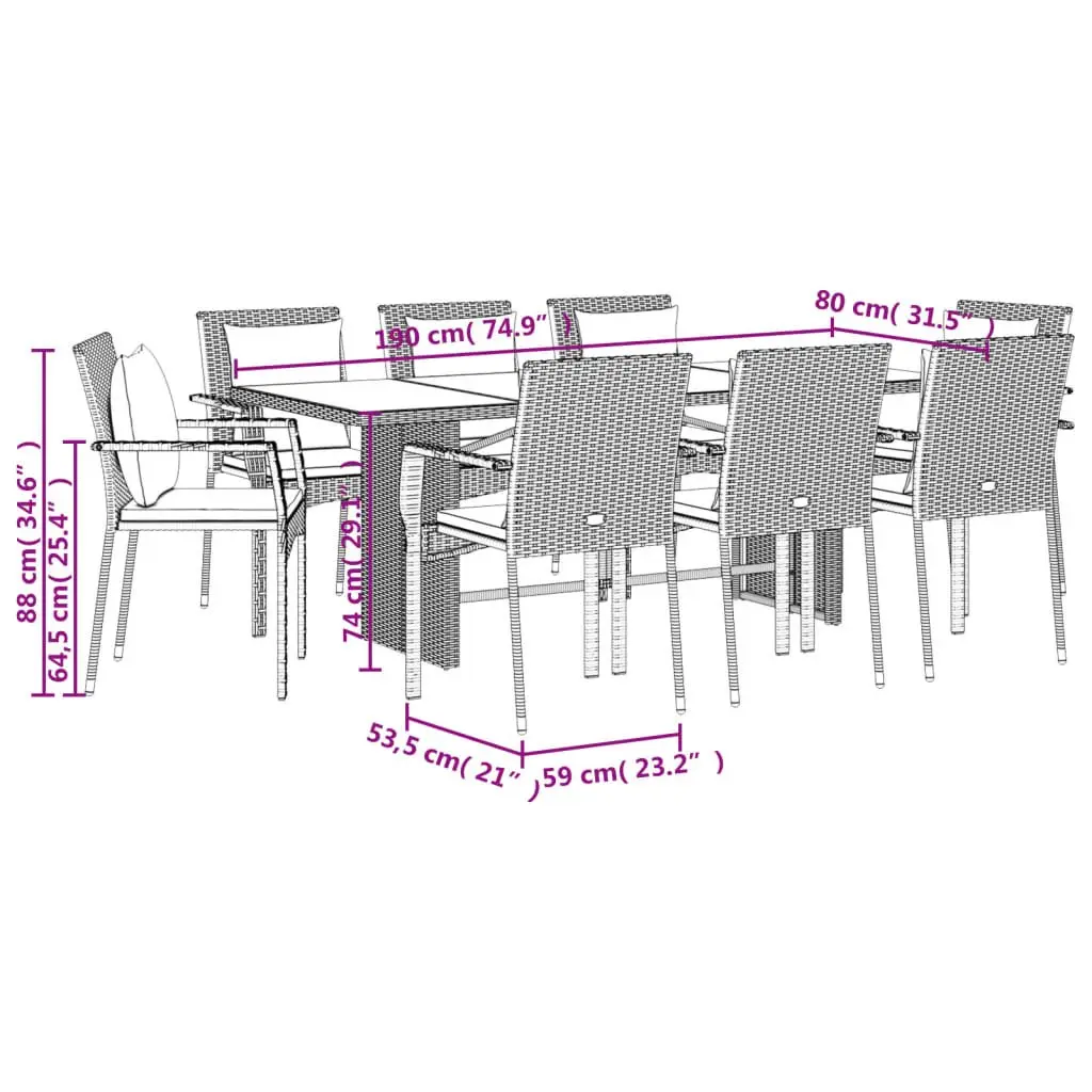 Garden Dining Set Grey 9 Piece Outdoor Furniture Table Chairs Cushions Rattan