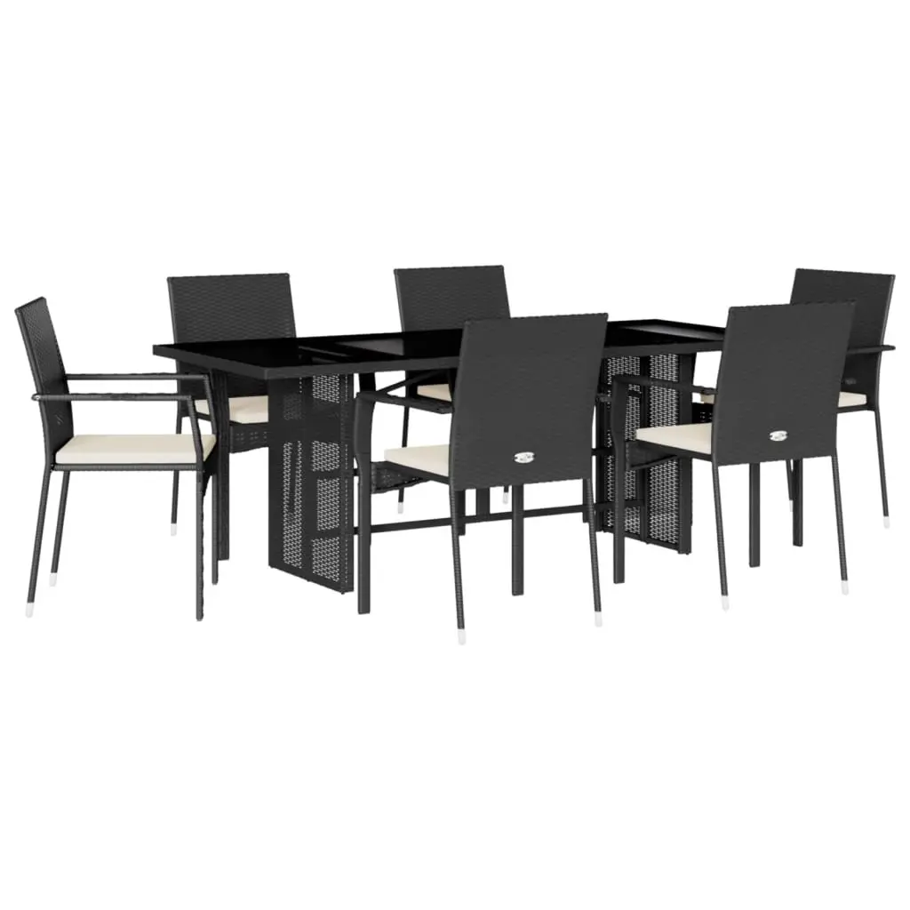 Outdoor Dining Set Black 7 Piece Poly Rattan Table Chairs with Cushions