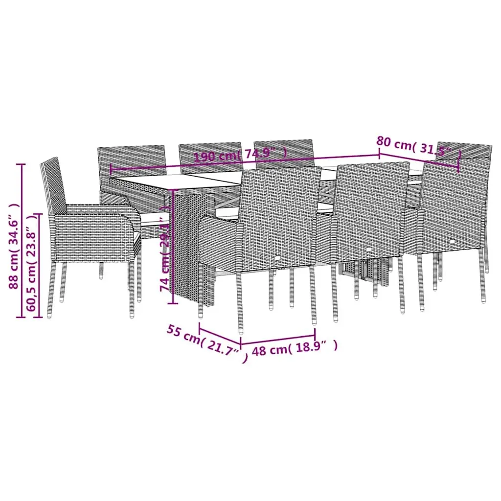 Outdoor Dining Set Black 9 Piece Garden Furniture with Cushions