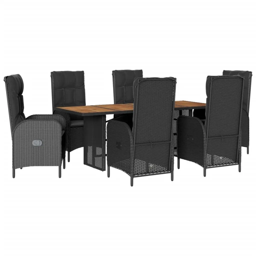 7 Piece Outdoor Dining Set Black PE Rattan Cushions Adjustable Backrest Acacia Wood Tabletop