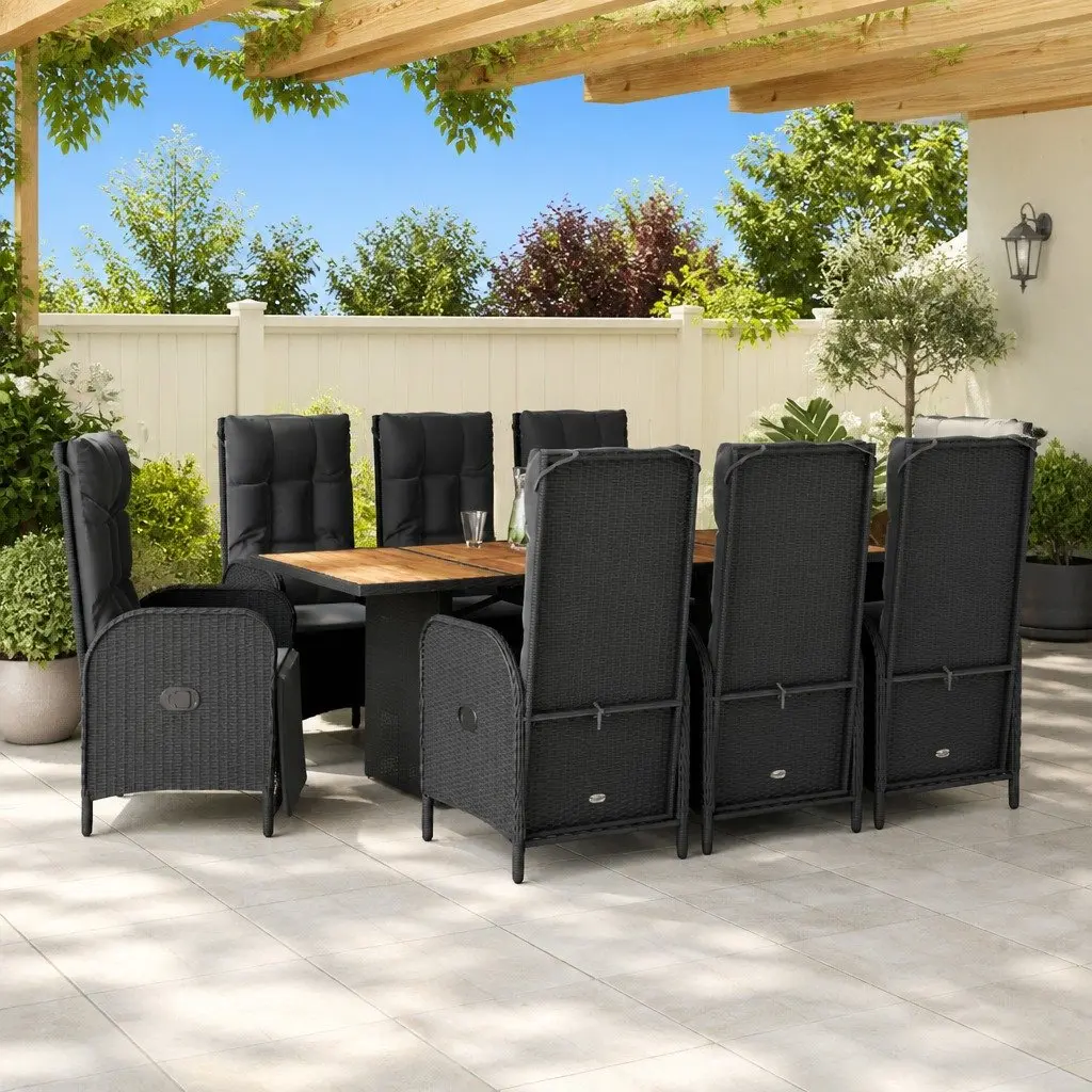 Outdoor Garden Dining Set Black 9 Piece Adjustable Backrest Cushions