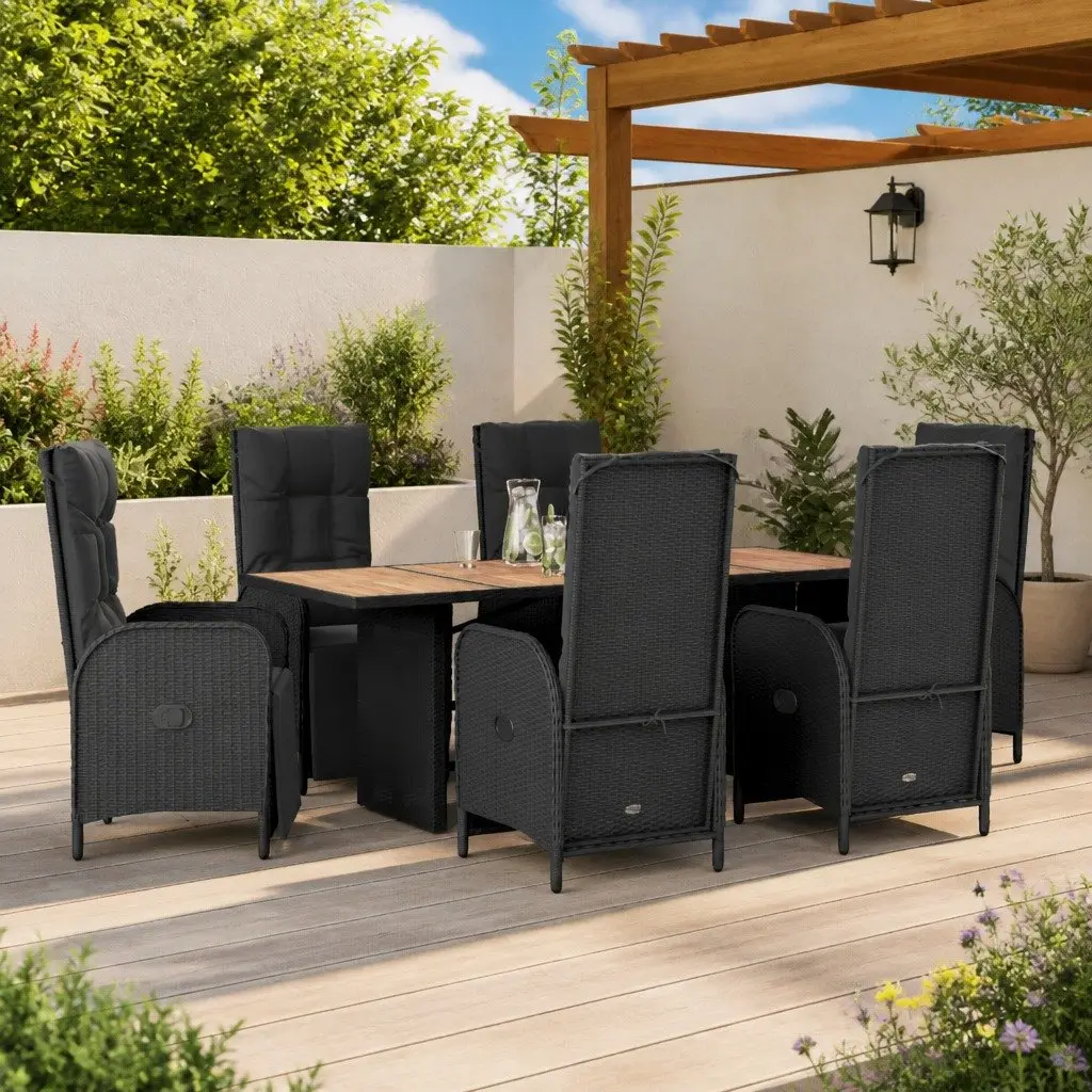 7 Piece Garden Dining Set Black PE Rattan Table Adjustable Backrest Chairs