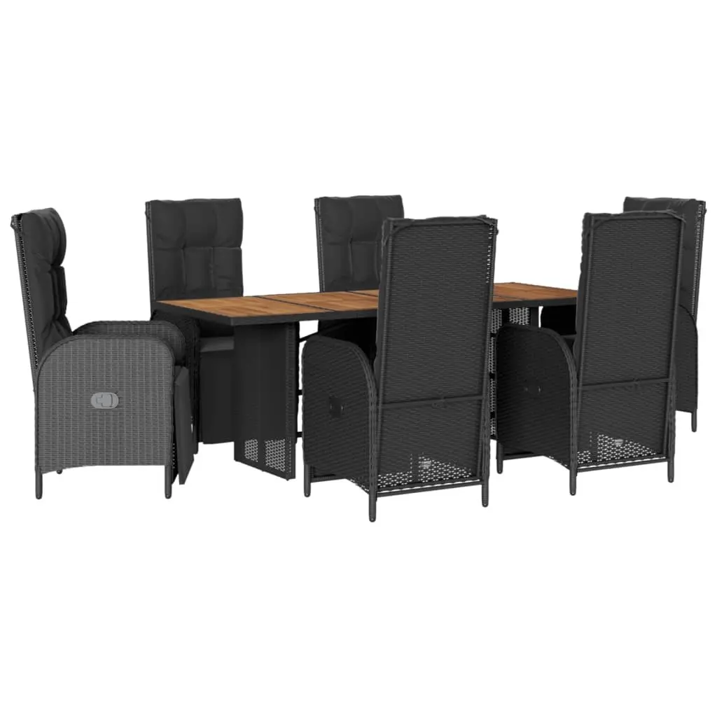 7 Piece Garden Dining Set Black PE Rattan Table Adjustable Backrest Chairs