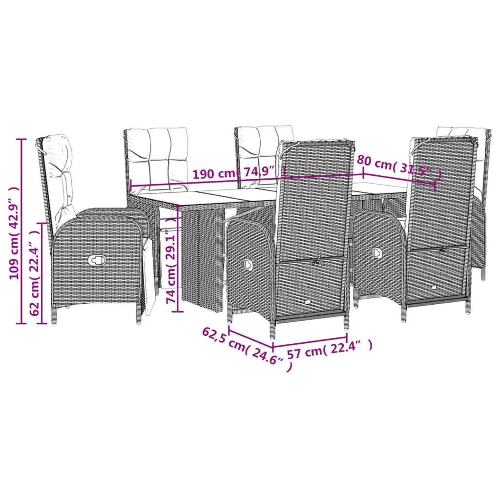 7 Piece Garden Dining Set Black PE Rattan Table Adjustable Backrest Chairs