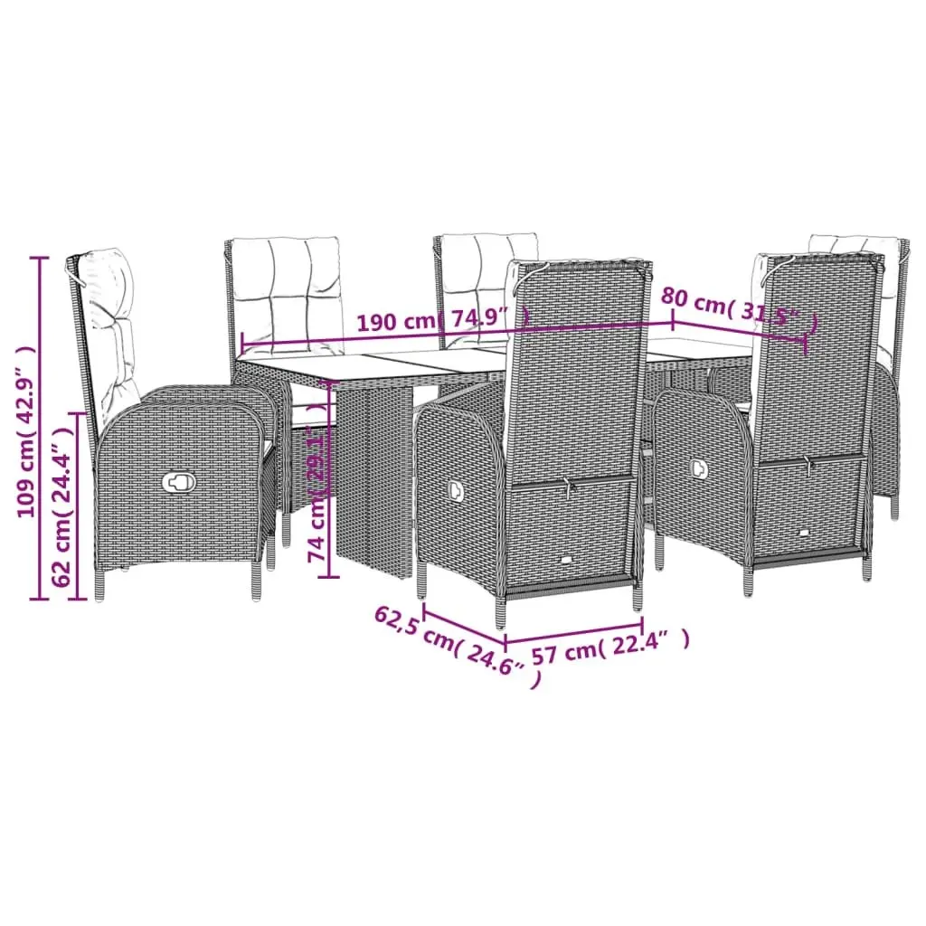 7 Piece Outdoor Garden Dining Set Black Poly Rattan with Cushions Tempered Glass Table