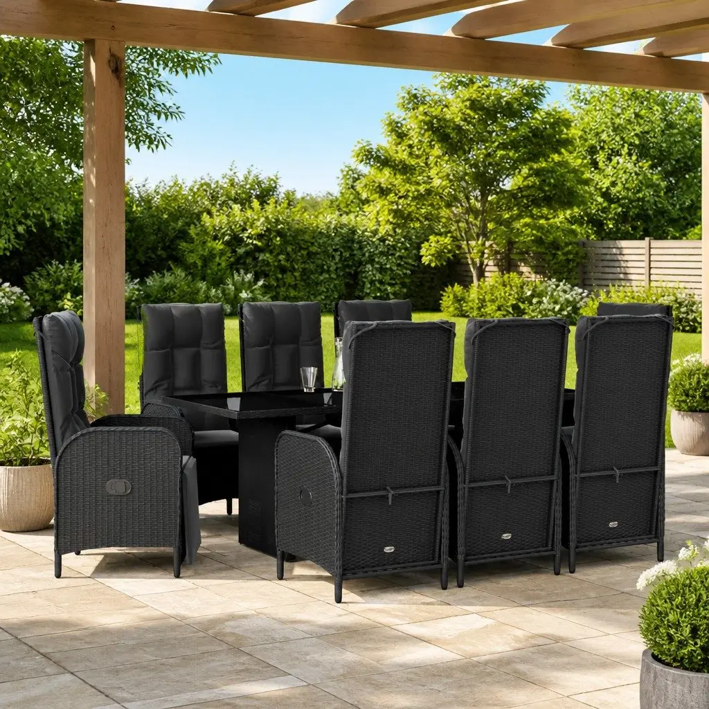 Garden Dining Set Black 9 Piece Outdoor Furniture PE Poly Rattan with Cushions