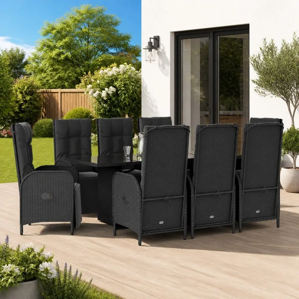 Outdoor Dining Set Black 9 Piece Poly Rattan Chairs Table Cushions