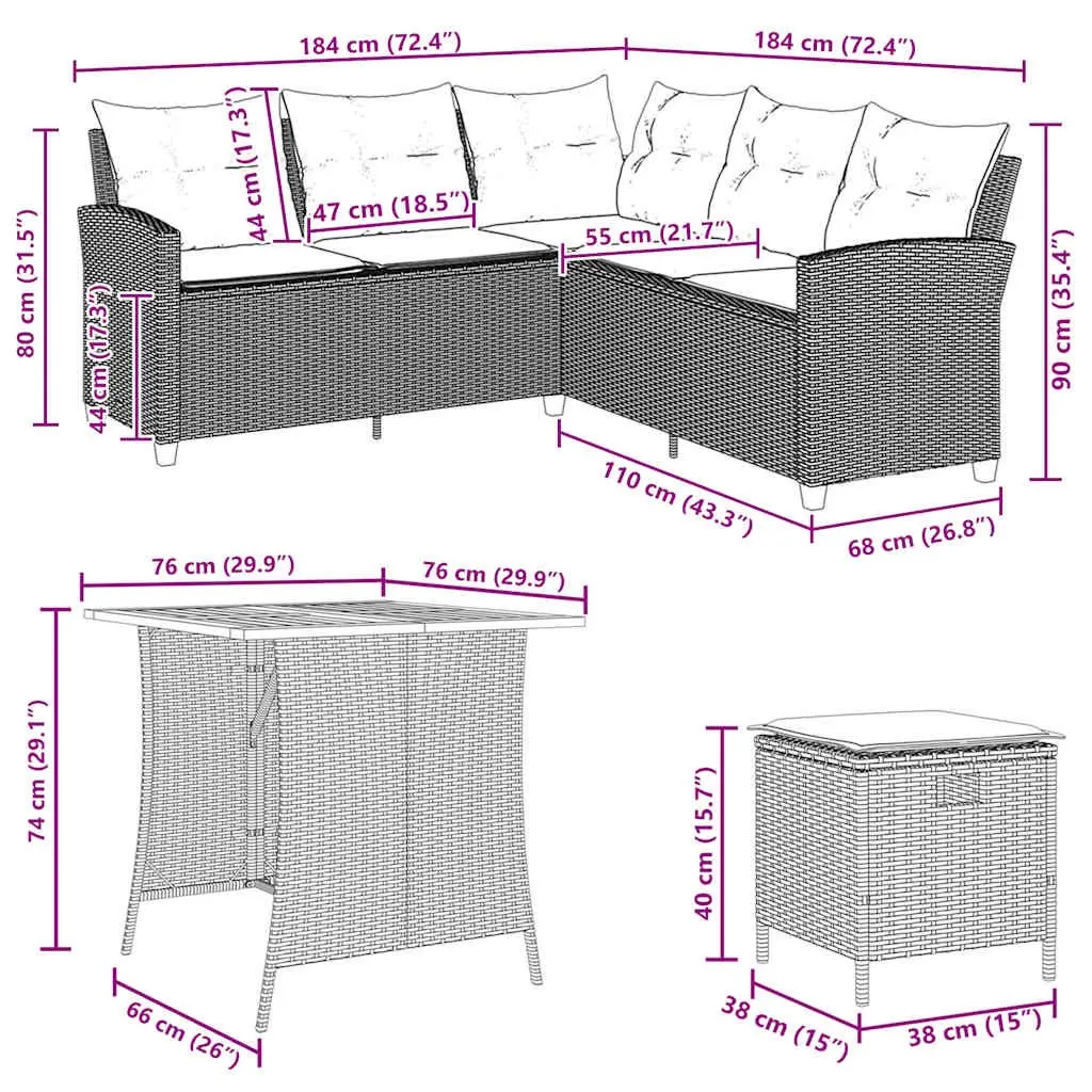 6 Piece Grey Patio Furniture Set L-Shaped Sofa with Cushions Poly Rattan Outdoor Seating