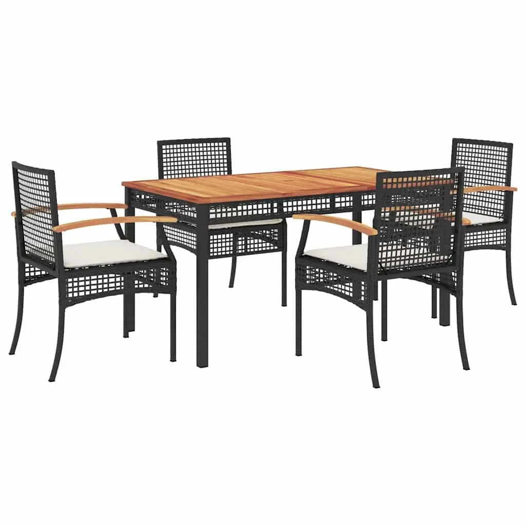 5 Piece Outdoor Dining Set Black Poly Rattan Table and Chairs with Padded Cushions