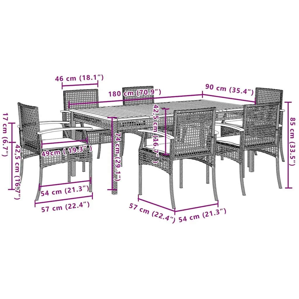 7 Piece Outdoor Dining Set Black Poly Rattan with Cushions