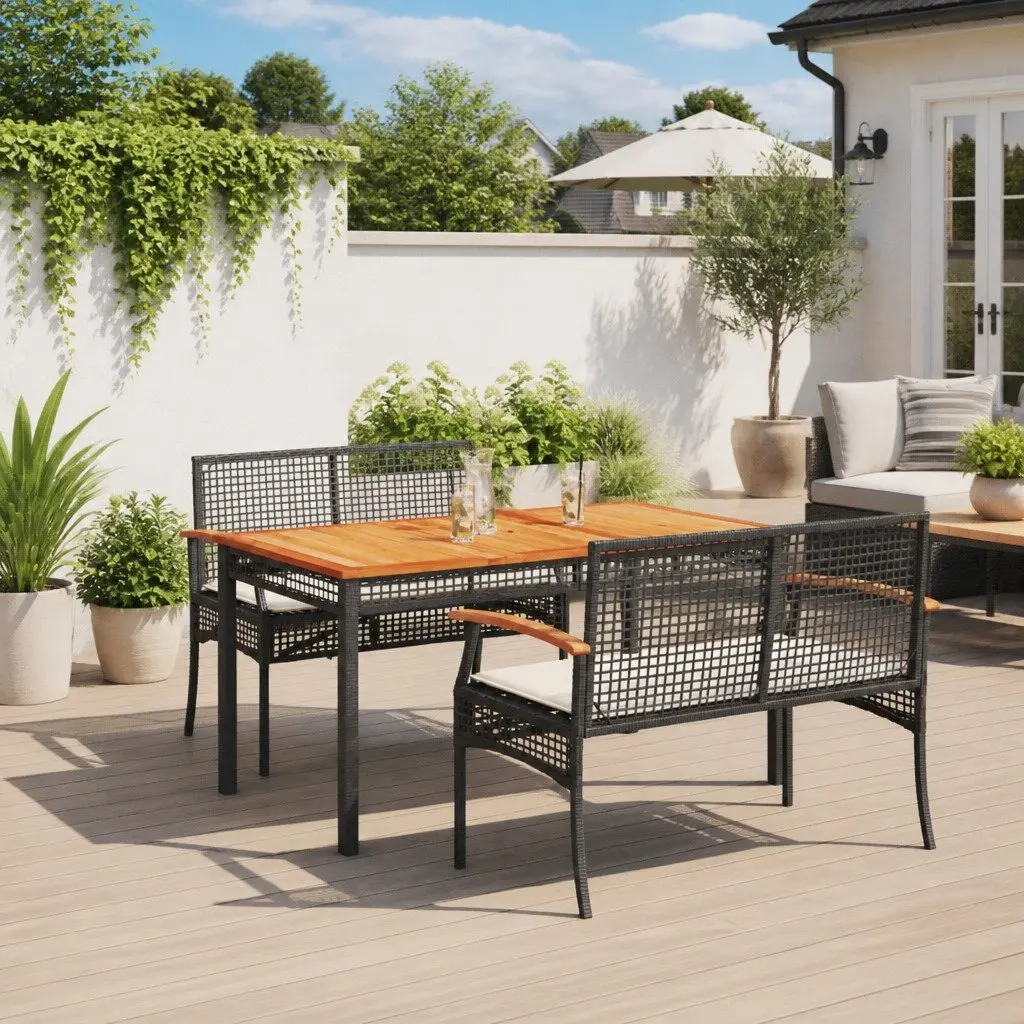 3 Piece Outdoor Garden Dining Set with Cushions Black Poly Rattan Patio