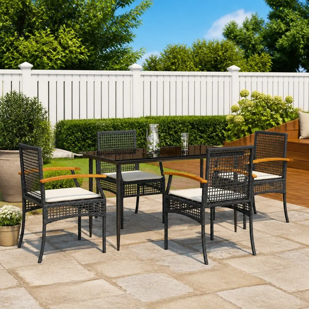 Outdoor Garden Dining Set Black 5 Piece Poly Rattan Patio Furniture with Tempered Glass Table and Thickly Padded Cushions